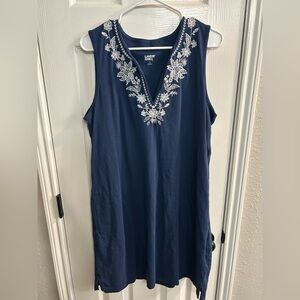 Lands' End Navy Sleeveless V-Neck Dress with White Floral Embroidery